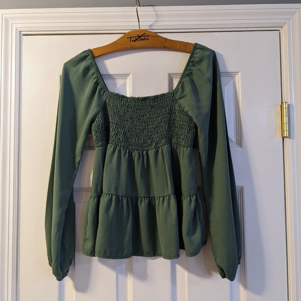 4/$25 Paper Crane Olive Green Smocked Blouse - Sz M